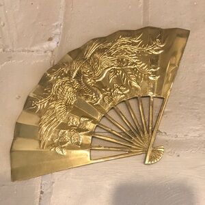 VTG/MCM Brass Asian Fan with Phoenix Dragon Wall/Table Decor